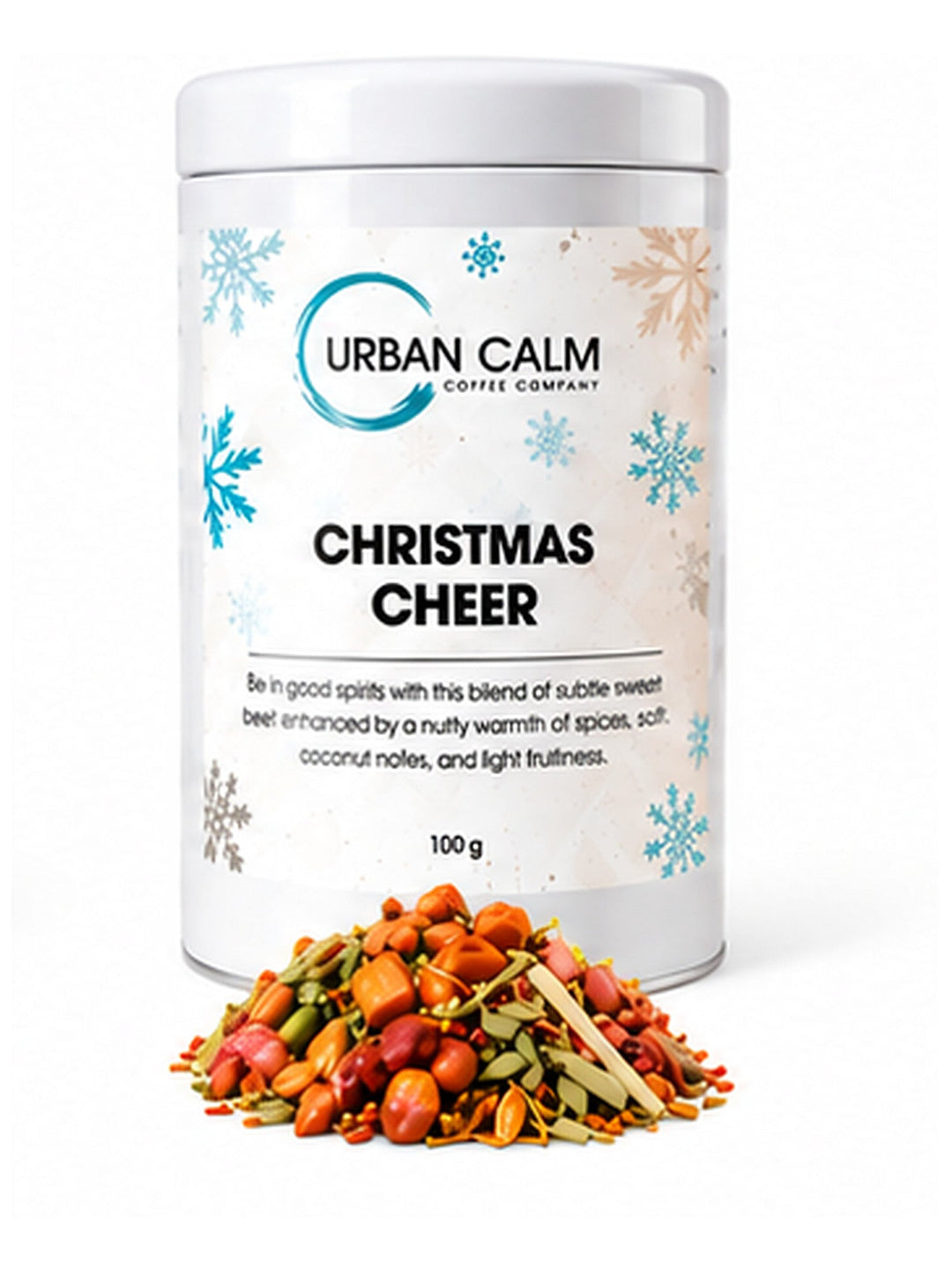 Urban Calm christmas cheer tin with matching ingredients on clean white background, 3:4 portrait