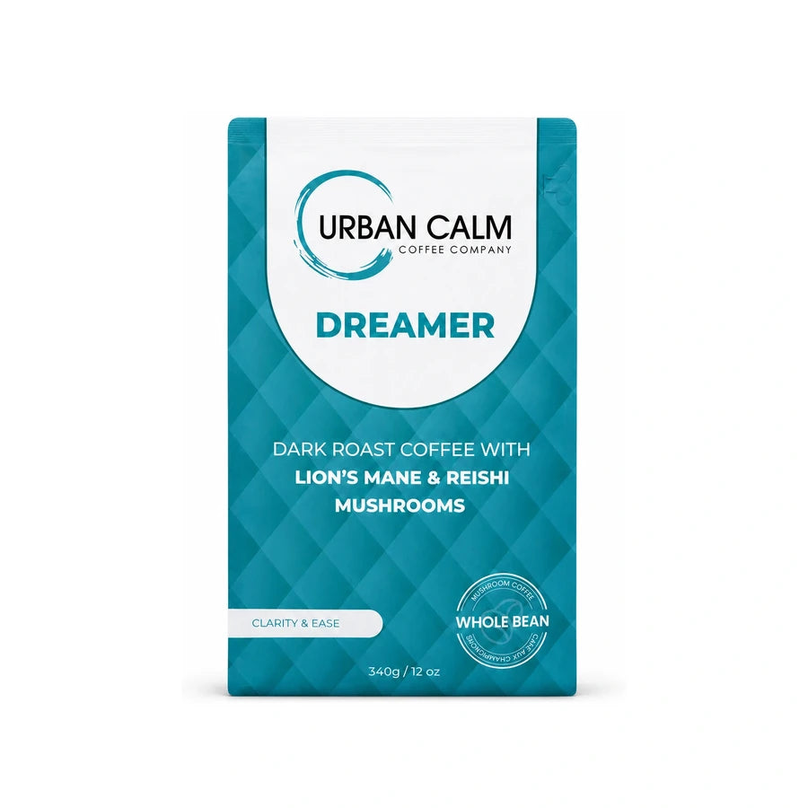 Dreamer dark roast mushroom coffee whole bean bag on white
