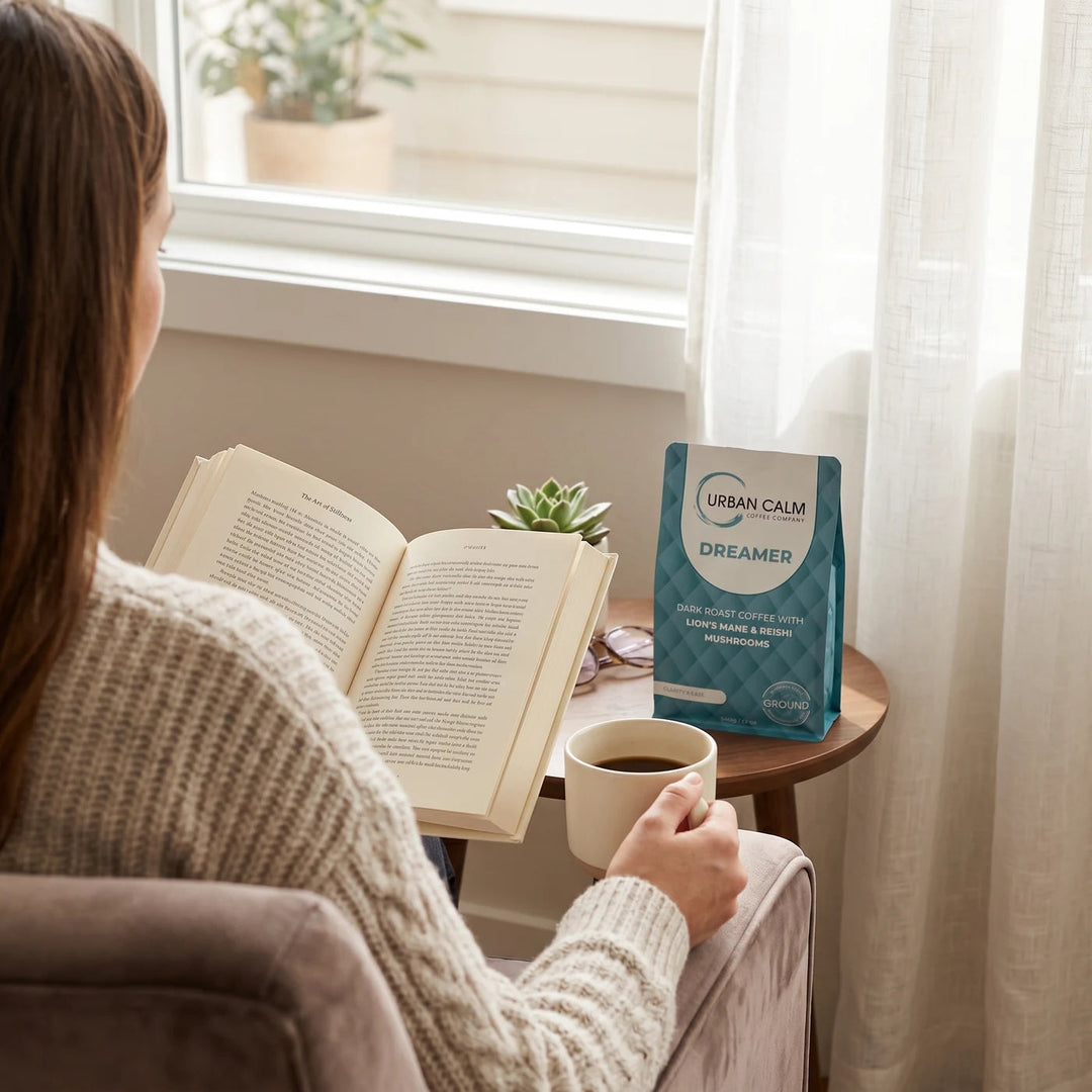 Dreamer dark roast mushroom coffee in a quiet reading ritual
