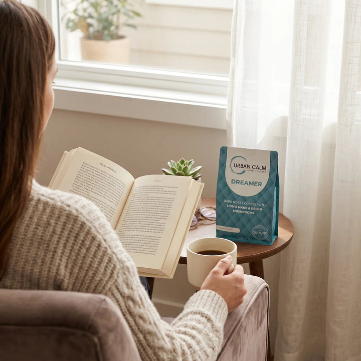 Dreamer dark roast mushroom coffee in a quiet reading ritual