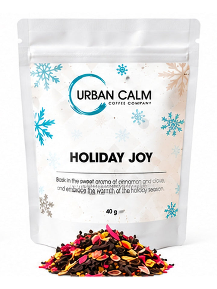 Urban Calm holiday joy pouch with matching ingredients on clean white background, 3:4 portrait