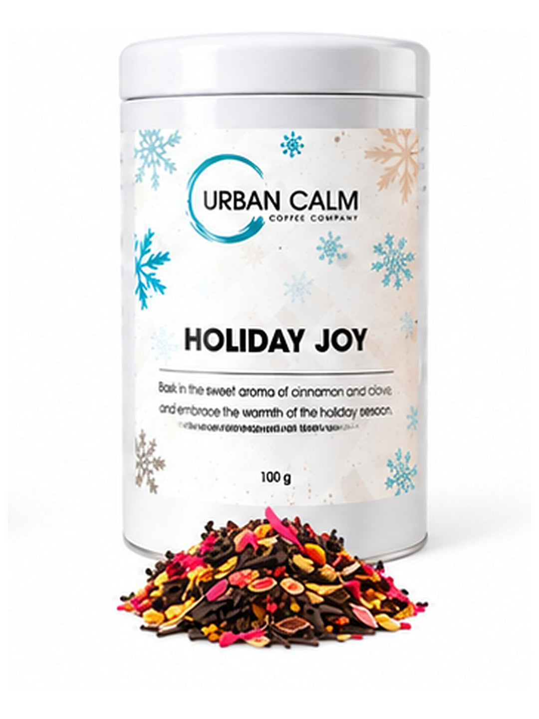 Urban Calm holiday joy tin with matching ingredients on clean white background, 3:4 portrait