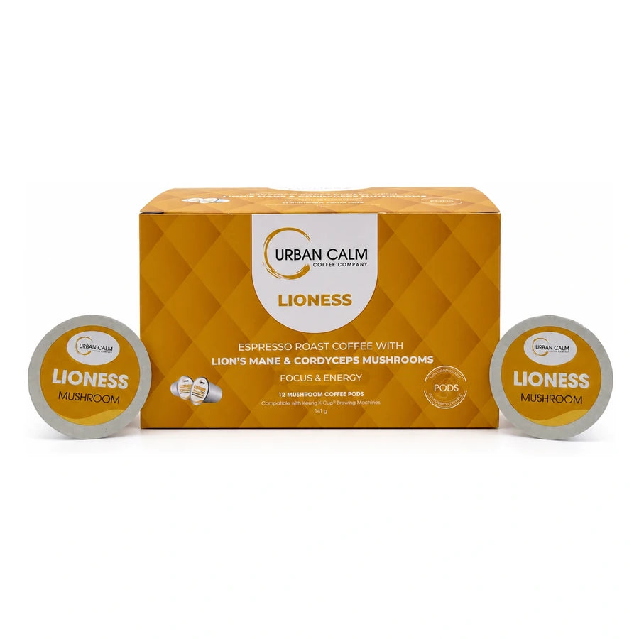 Lioness espresso mushroom coffee K-Cup box and pods on white