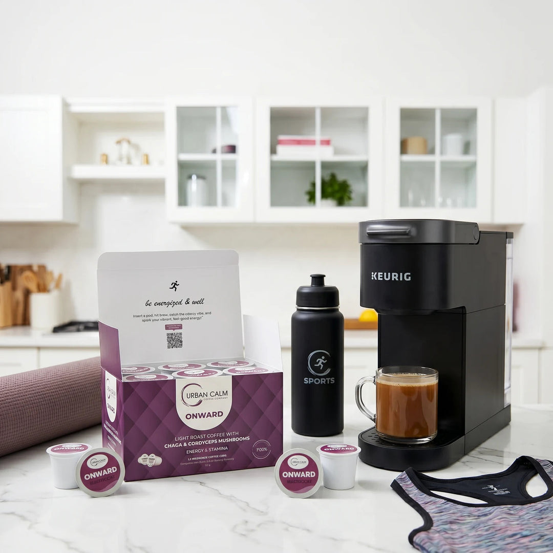 Onward mushroom coffee K-Cups in an active lifestyle setting