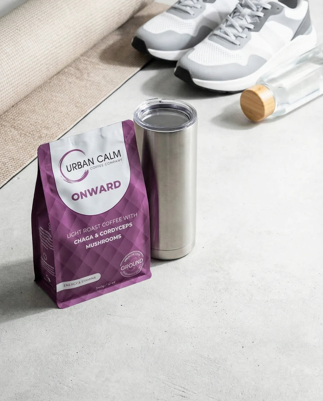 Onward light roast mushroom coffee with active lifestyle gear