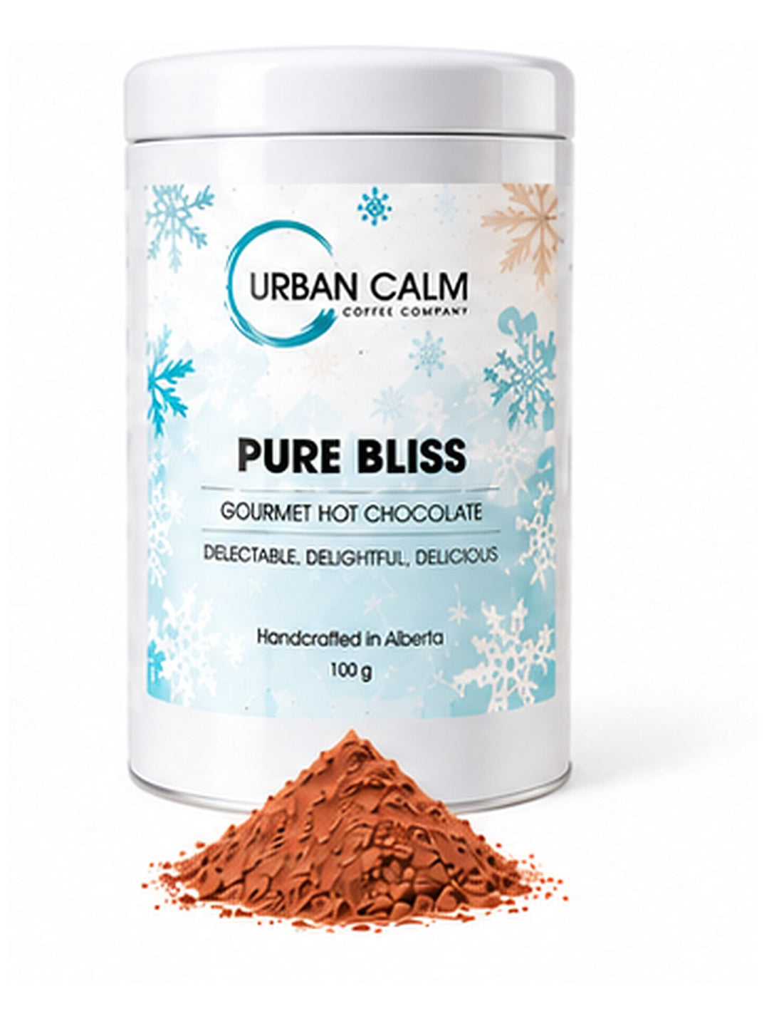 Urban Calm pure bliss tin with matching ingredients on clean white background, 3:4 portrait
