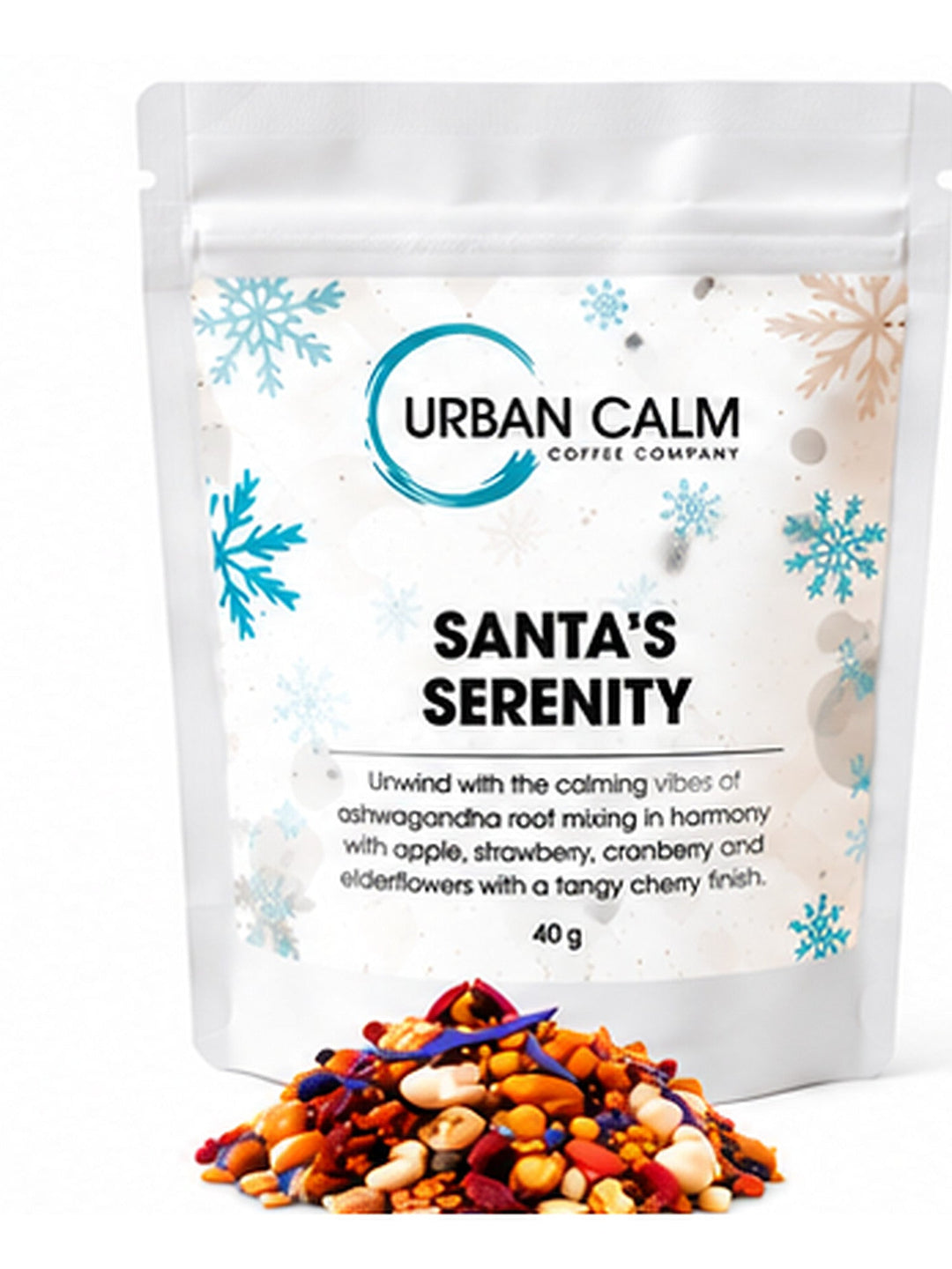 Urban Calm santas serenity pouch with matching ingredients on clean white background, 3:4 portrait