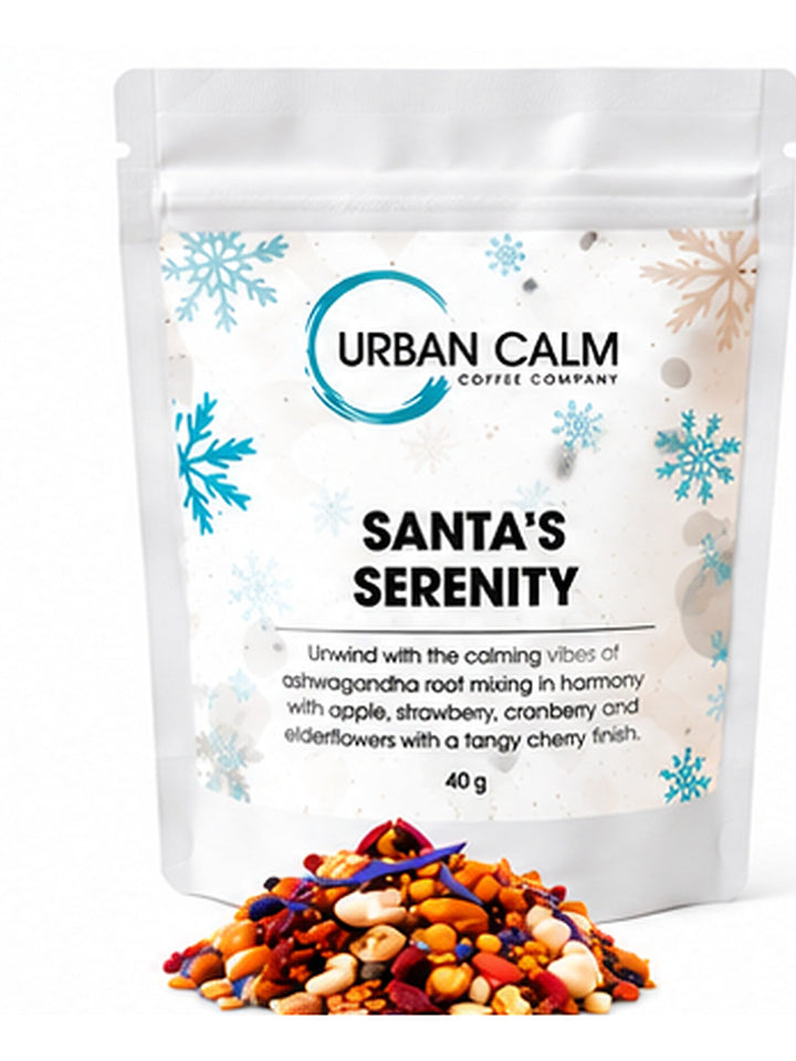 Urban Calm santas serenity pouch with matching ingredients on clean white background, 3:4 portrait