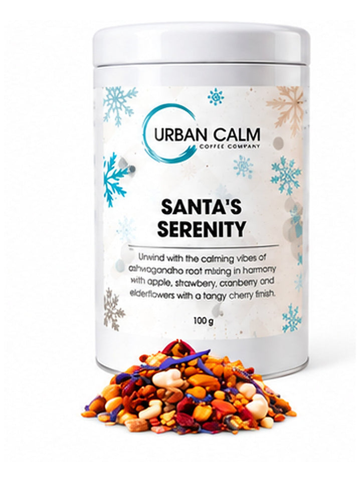 Urban Calm santas serenity tin with matching ingredients on clean white background, 3:4 portrait