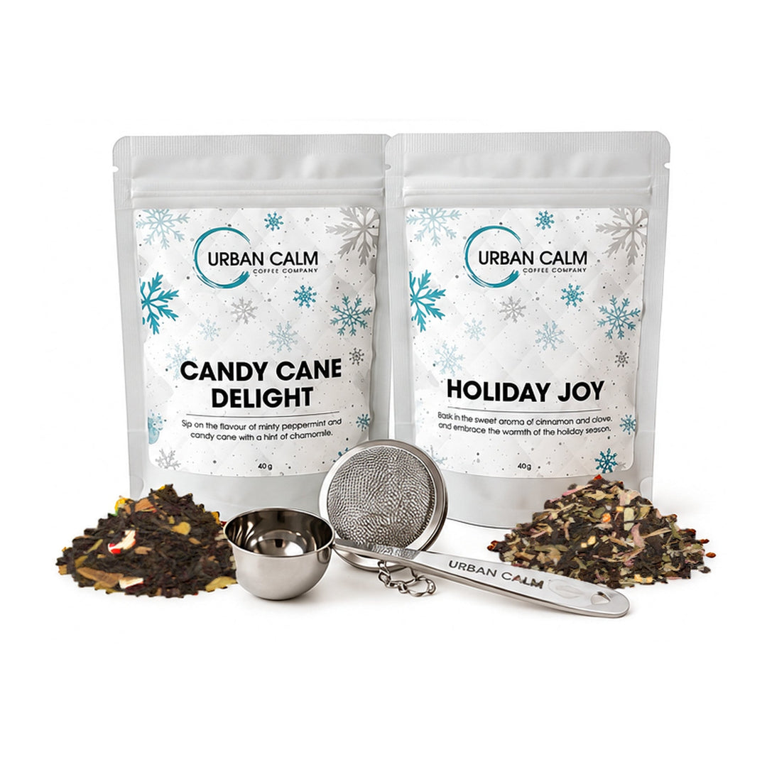 Black Tea option: Candy Cane Delight and Holiday Joy with infuser, spoon and matching tea ingredients