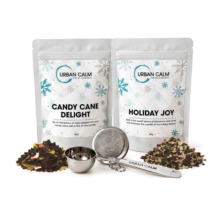 Black Tea option: Candy Cane Delight and Holiday Joy with infuser, spoon and matching tea ingredients