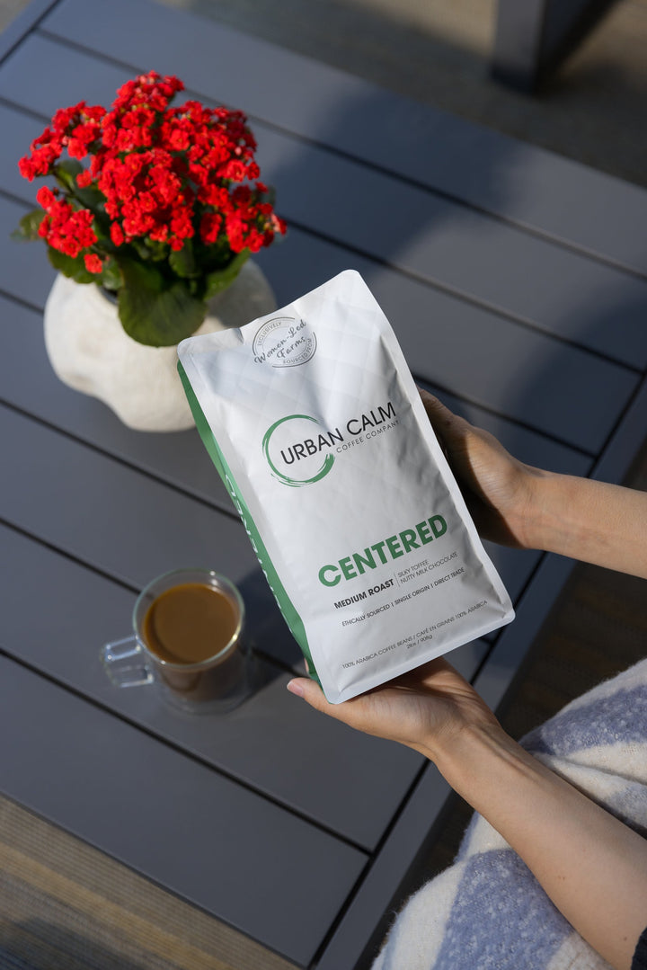 Centered medium roast 2 lb regular coffee bag with a brewed cup