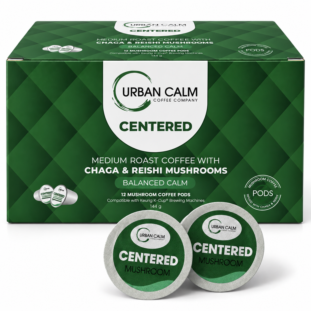 Urban Calm Centered mushroom coffee K-Cups 12-count box with two pods