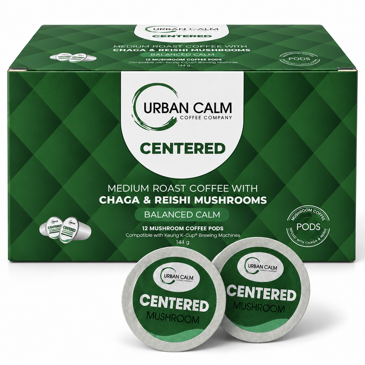 Urban Calm Centered mushroom coffee K-Cups 12-count box with two pods