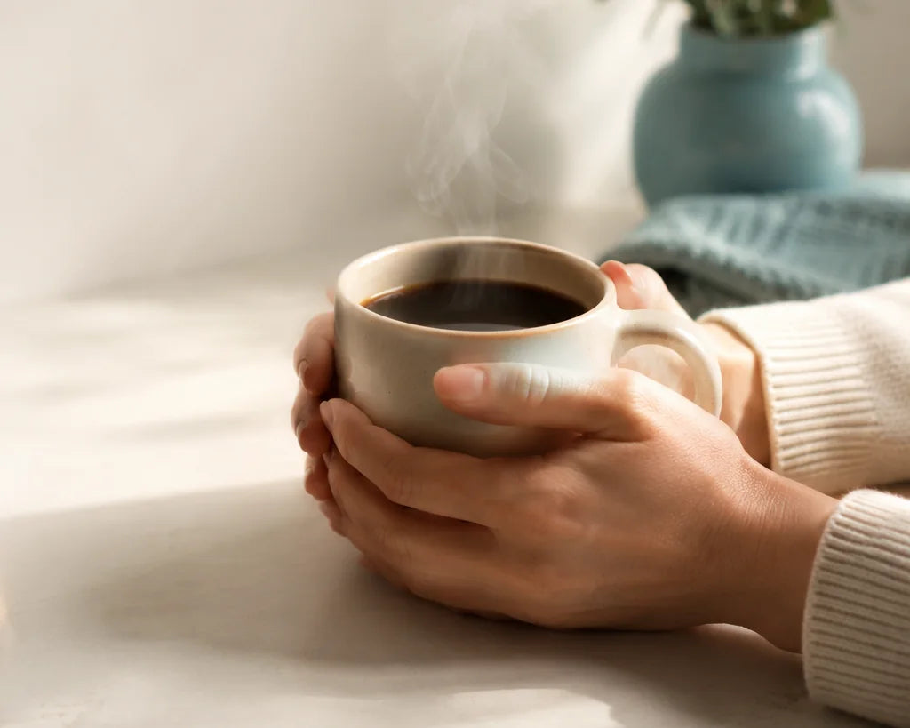 Hands holding a cup of coffee in a bright morning setting