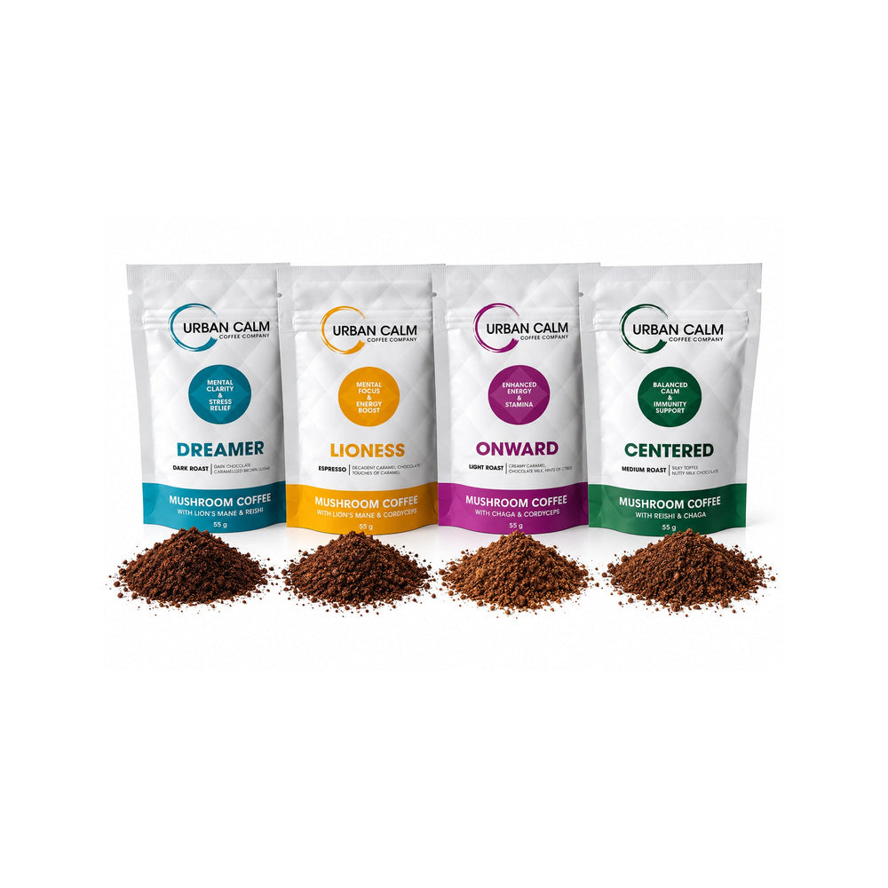 All four Urban Calm mushroom coffee sampler pouches alongside ground coffee in four roasts