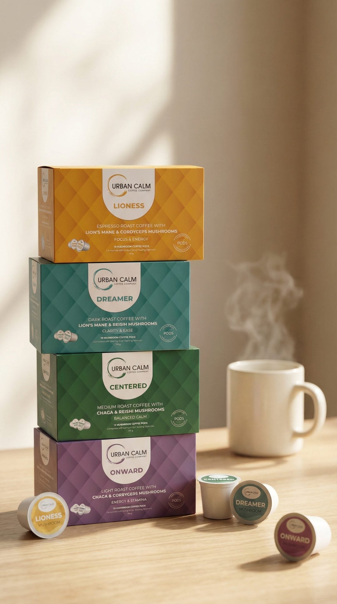 Urban Calm specialty coffee K-Cup variety box with Dreamer, Centered, Onward and Lioness coffee pods