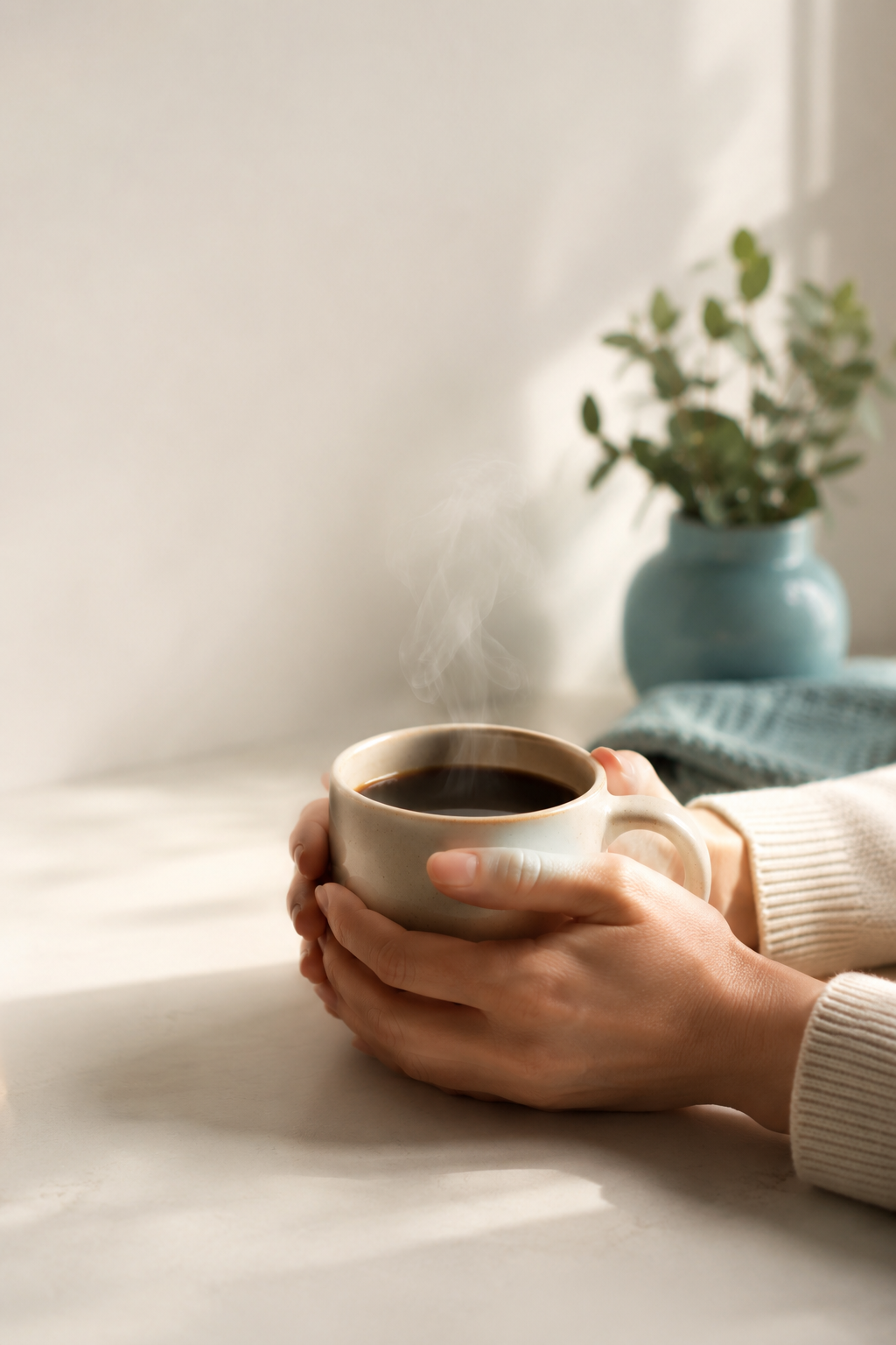 Hands holding a cup of coffee in a bright morning setting