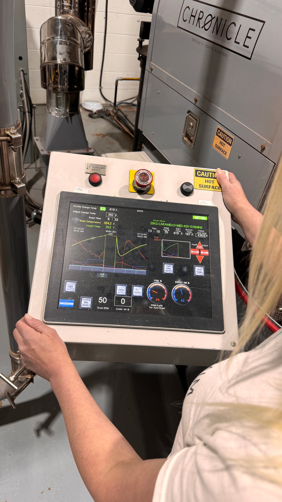 Coffee roast profile being monitored at the Calgary roastery