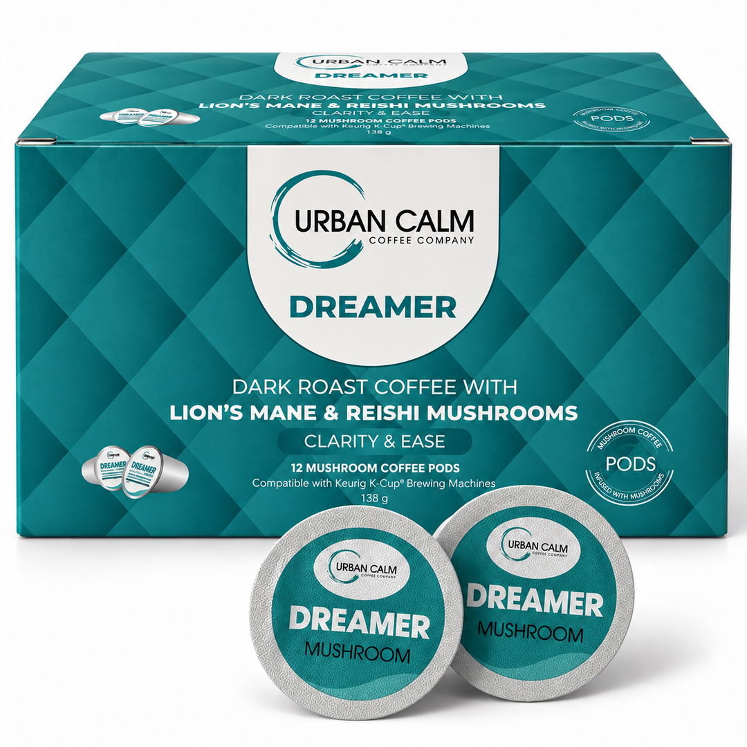 Urban Calm Dreamer mushroom coffee K-Cups 12-count box with two pods