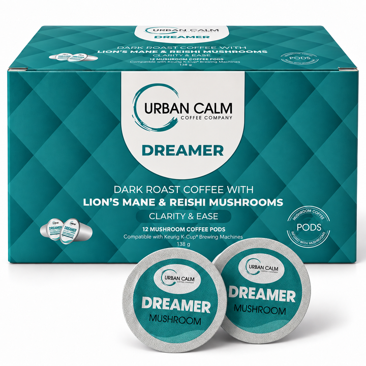 Urban Calm Dreamer mushroom coffee K-Cups 12-count box with two pods