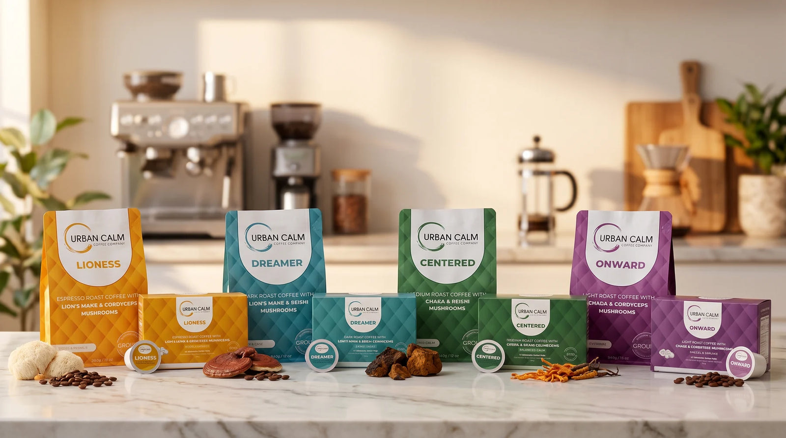 Urban Calm mushroom coffee blends in light, medium, dark and espresso roasts