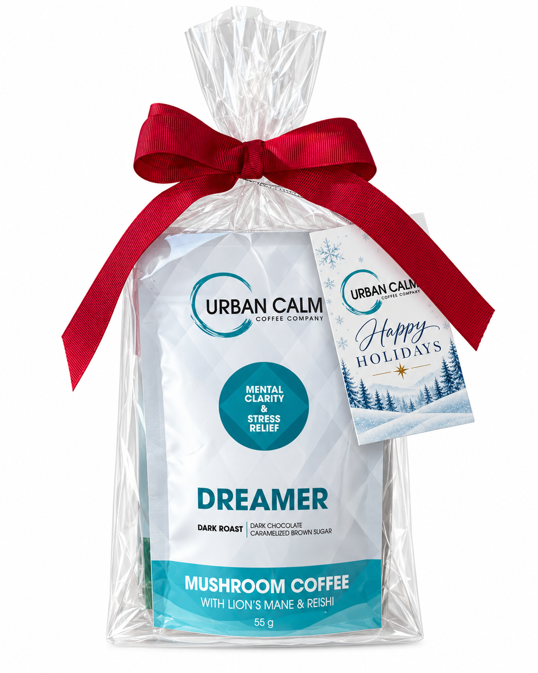 Urban Calm four-roast mushroom coffee discovery gift set with a red ribbon and greeting tag