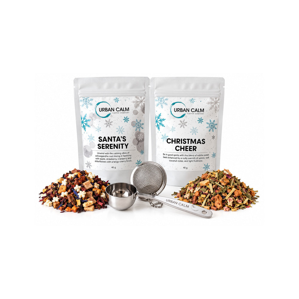 Herbal option: Santa’s Serenity and Christmas Cheer with infuser, spoon and matching tea ingredients