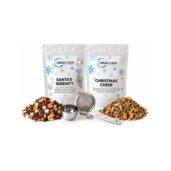 Herbal option: Santa’s Serenity and Christmas Cheer with infuser, spoon and matching tea ingredients