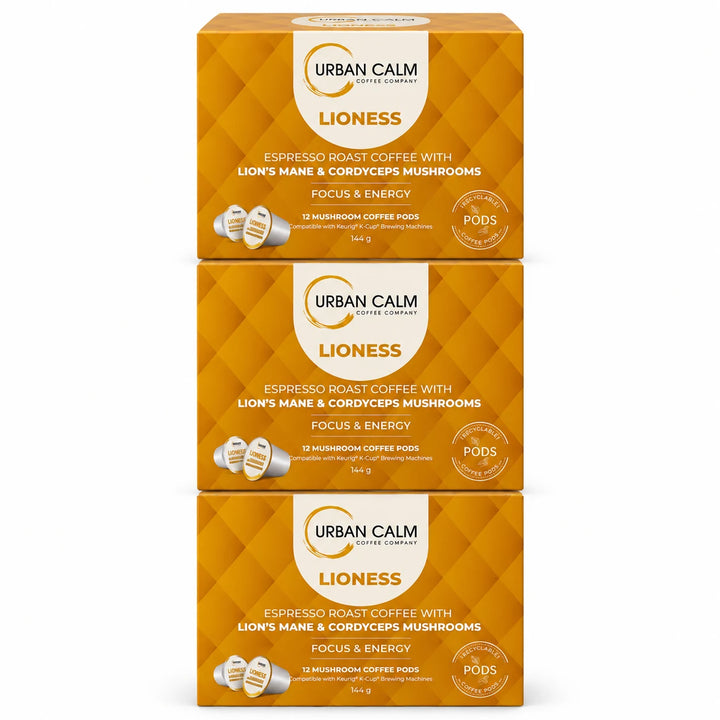 Urban Calm Lioness mushroom coffee K-Cups, 3 boxes, 36 pods