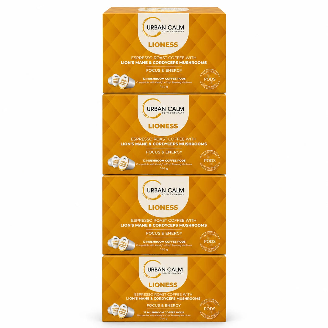 Urban Calm Lioness mushroom coffee K-Cups, 4 boxes, 48 pods