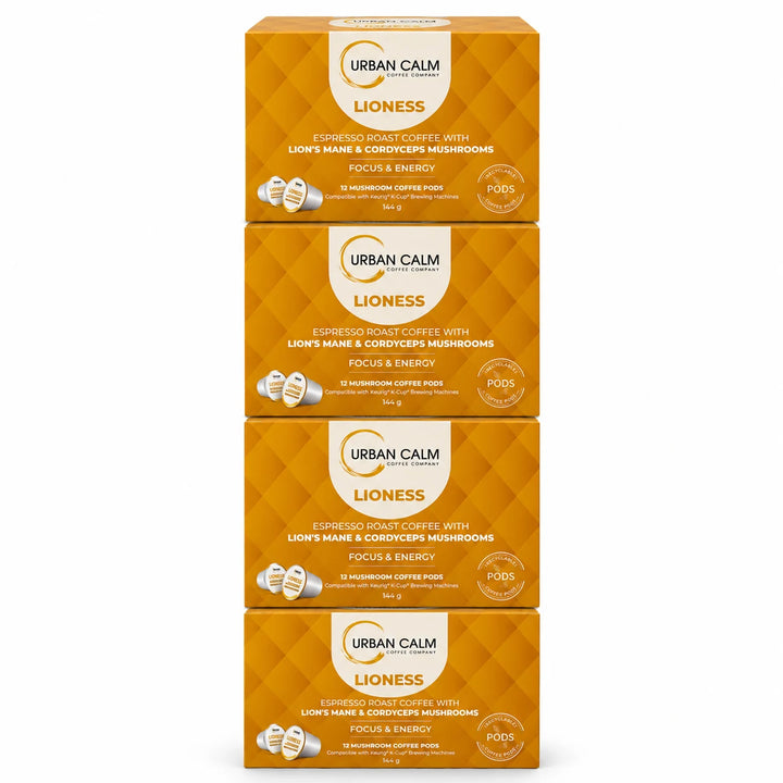Urban Calm Lioness mushroom coffee K-Cups, 4 boxes, 48 pods