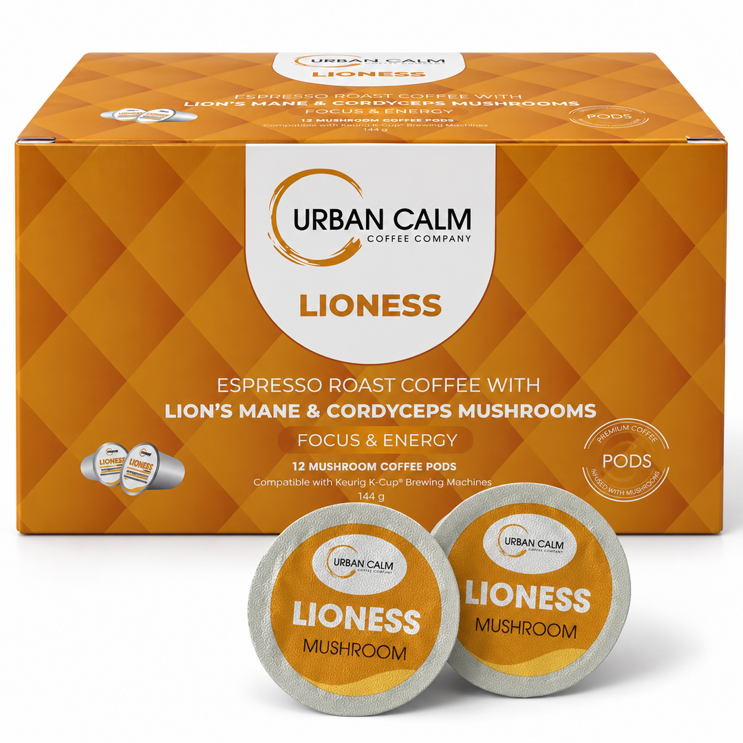 Urban Calm Lioness mushroom coffee K-Cups 12-count box with two pods