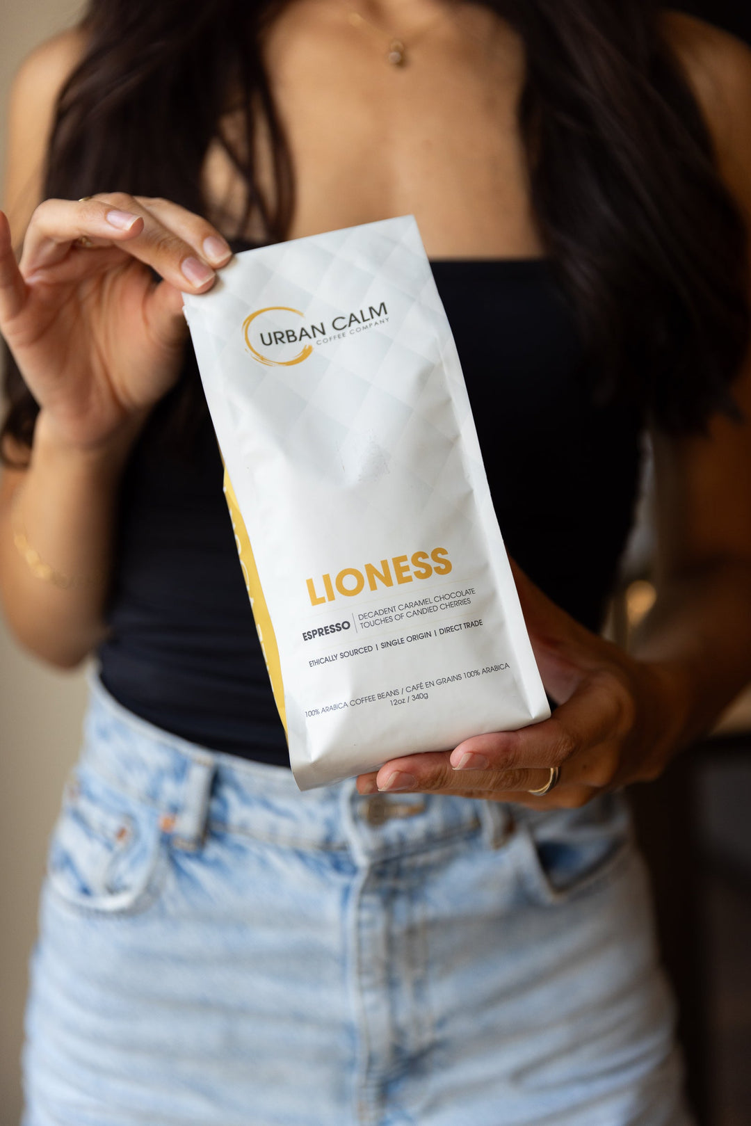 Lioness espresso regular coffee bag held in a warm home setting