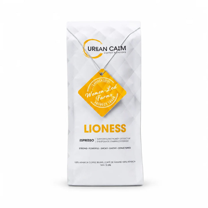 Lioness Espresso regular coffee bag on solid white background