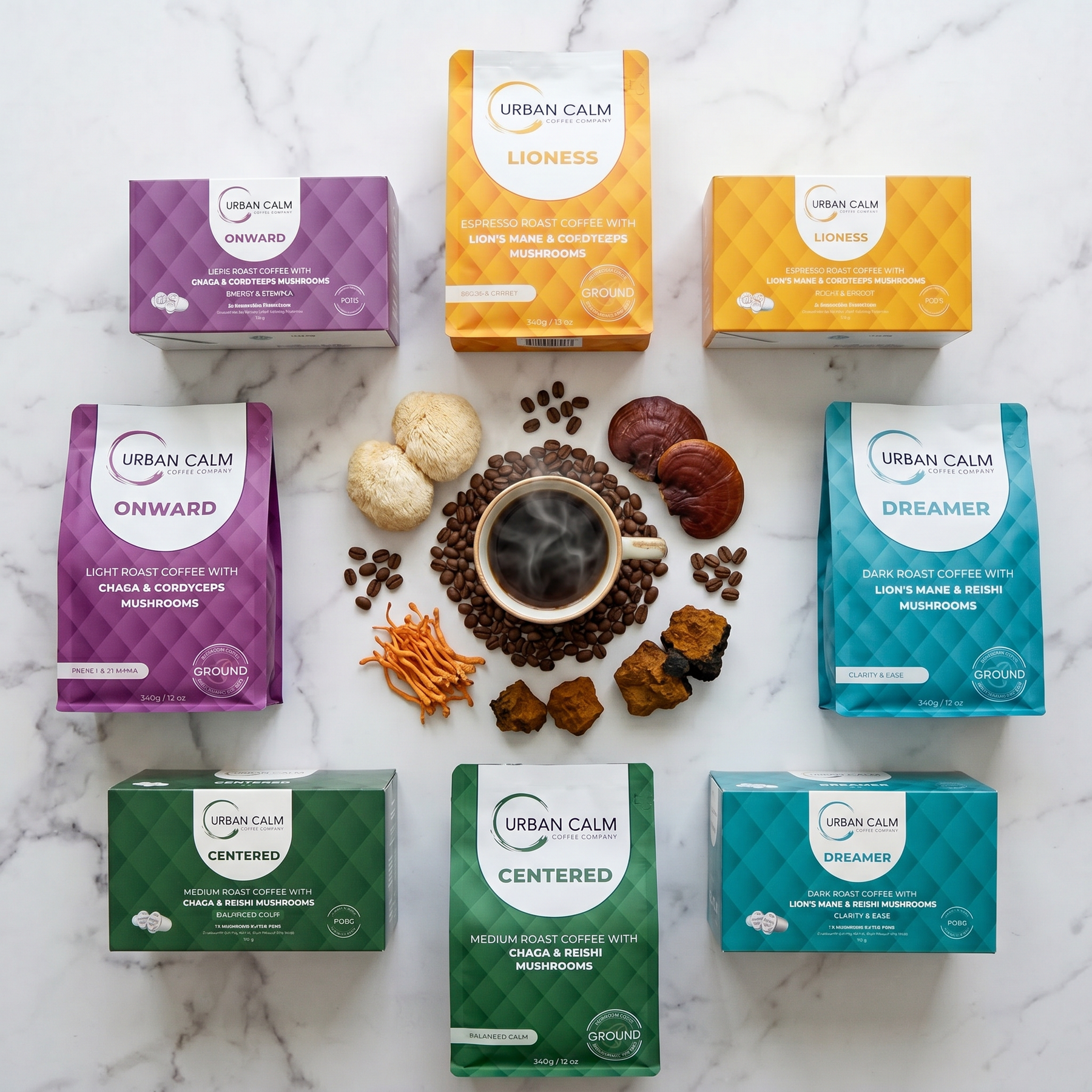 Urban Calm four mushroom coffee blends with bags and K-Cup boxes