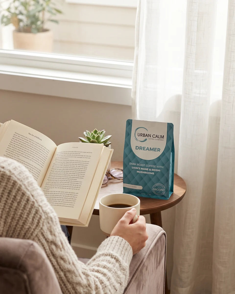 A quiet coffee and reading ritual with Urban Calm Dreamer mushroom coffee