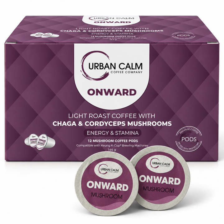 Urban Calm Onward mushroom coffee K-Cups 12-count box with two pods