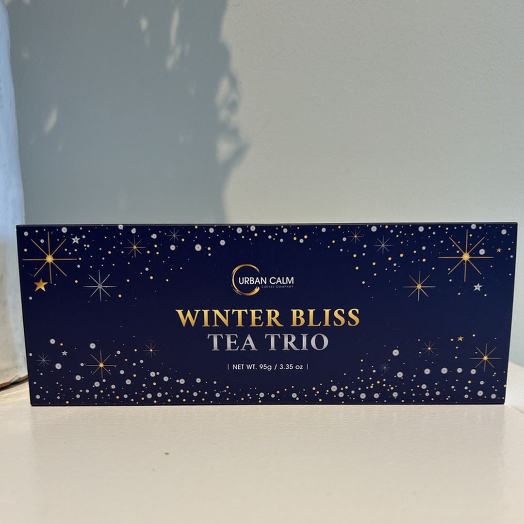 Front of Urban Calm Winter Bliss Tea Trio holiday gift box