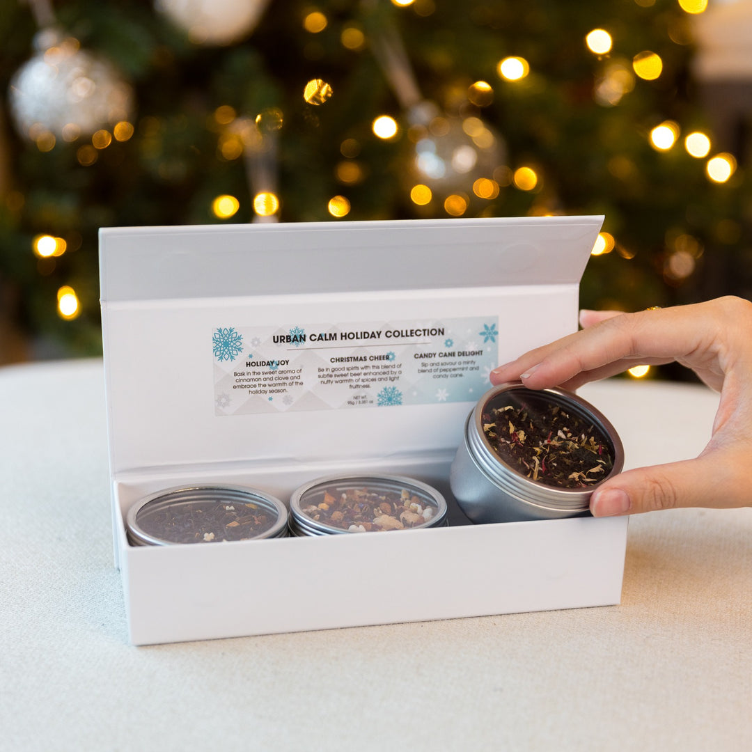 Winter Bliss Tea Trio open box showing three loose leaf holiday teas